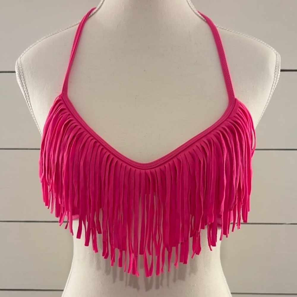 Pink Fringe Halter Bikini Top